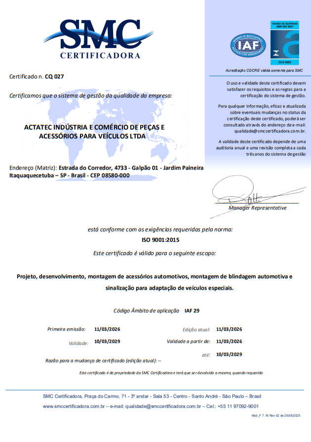 SMC Certificadora - Actatec Indústria e Comércio de Peças e Acessórios para Veículos Ltda